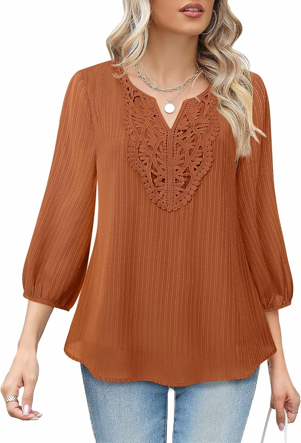 VALOLIA Women's Casual 3/4 Sleeve Chiffon Blouses V Neck Layered Embroidery Tunic Shirts