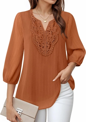 VALOLIA Women's Casual 3/4 Sleeve Chiffon Blouses V Neck Layered Embroidery Tunic Shirts