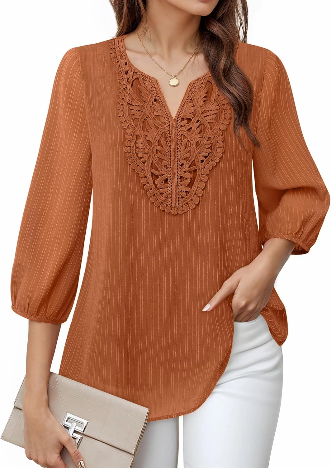 VALOLIA Women's Casual 3/4 Sleeve Chiffon Blouses V Neck Layered Embroidery Tunic Shirts