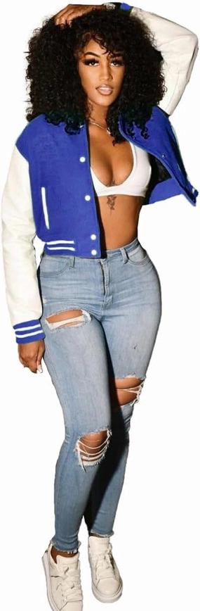 Varsity Cropped Jacket for Woman Long Sleeve Button Down Baseball Jacket Crop Bomber Jacket Streetwear with Pockets