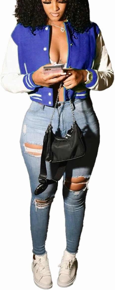 Varsity Cropped Jacket for Woman Long Sleeve Button Down Baseball Jacket Crop Bomber Jacket Streetwear with Pockets