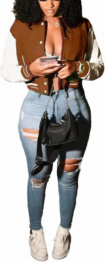 Varsity Cropped Jacket for Woman Long Sleeve Button Down Baseball Jacket Crop Bomber Jacket Streetwear with Pockets
