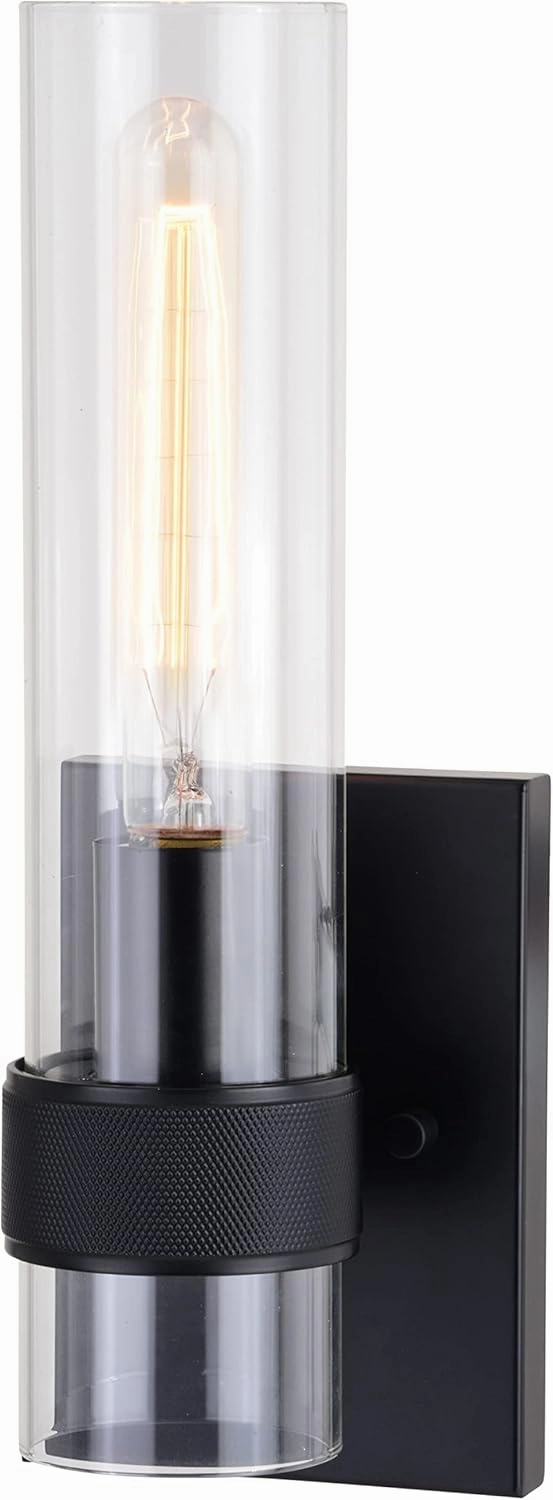 VAXCEL Bari 1 Light Matte Black Contemporary Wall Sconce with Clear Cylinder Glass
