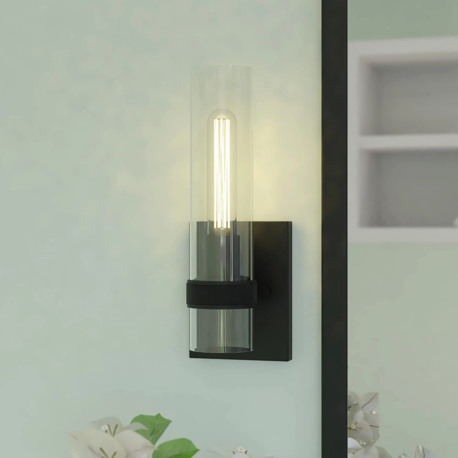 VAXCEL Bari 1 Light Matte Black Contemporary Wall Sconce with Clear Cylinder Glass
