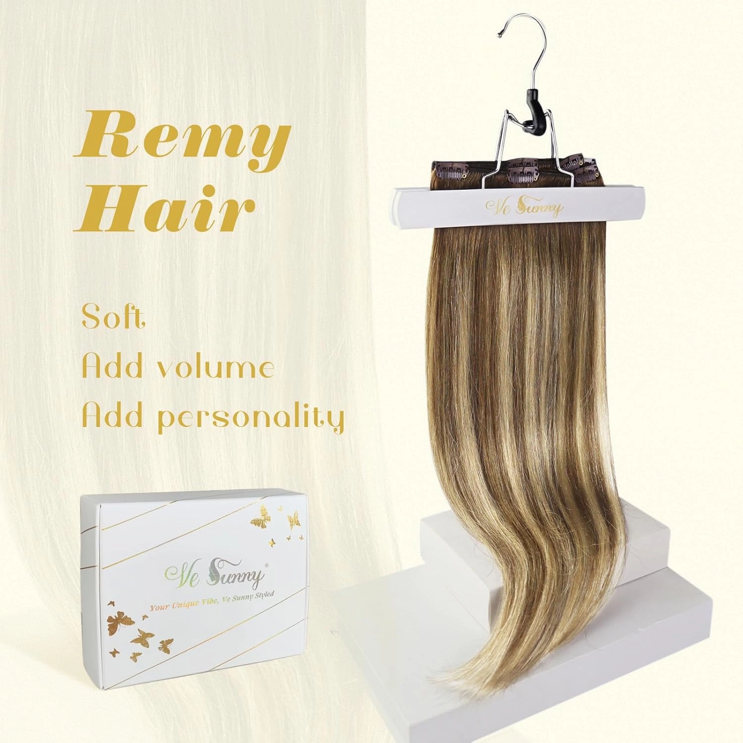 Ve Sunny Human Hair Clip in Extensions Natural Look Clip in Hair Extensions Balayage Real Human Hair Extensions Clip ins Chestnut Brown with Blonde Balayage Long Straight hair 120g 7pcs 22inch