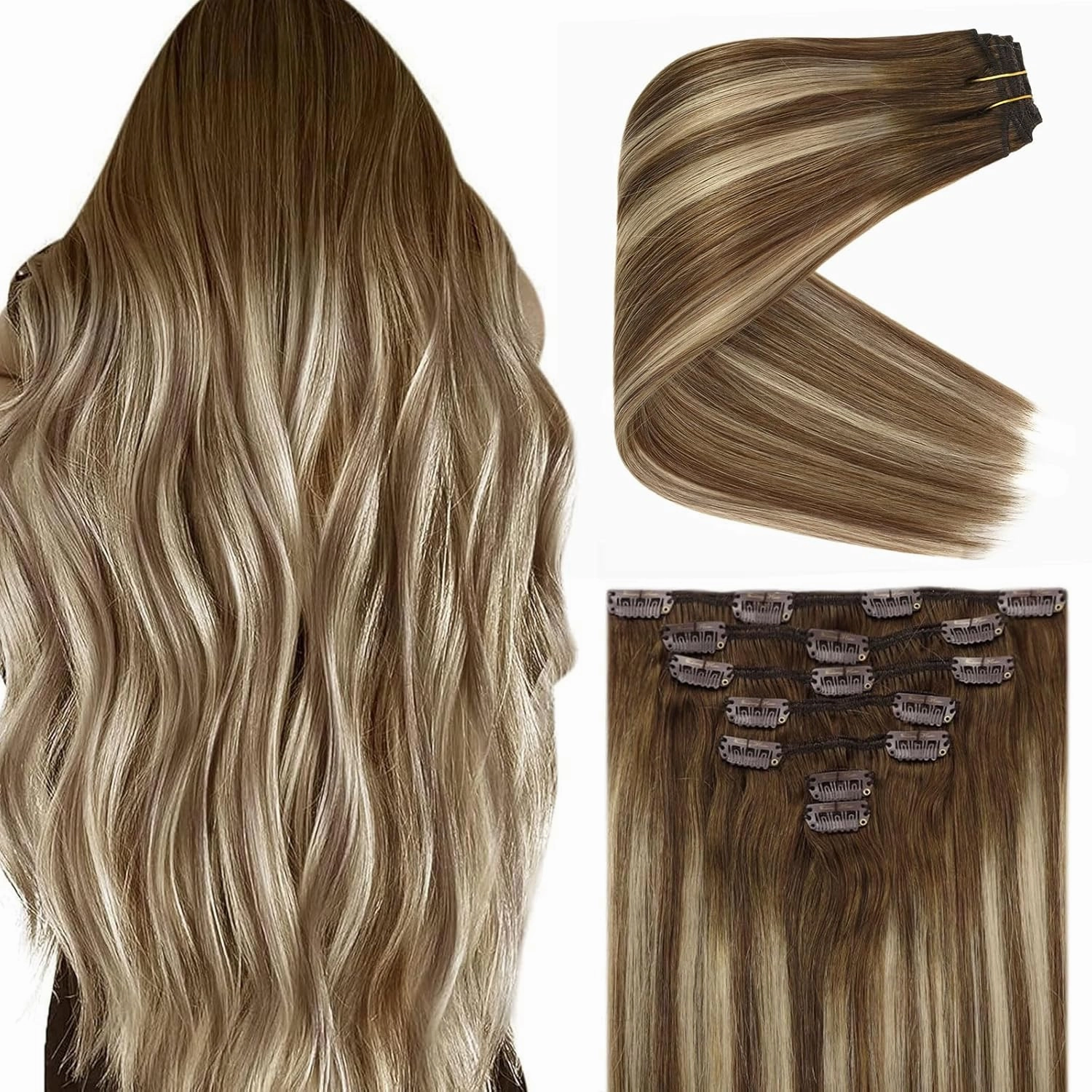 Ve Sunny Human Hair Clip in Extensions Natural Look Clip in Hair Extensions Balayage Real Human Hair Extensions Clip ins Chestnut Brown with Blonde Balayage Long Straight hair 120g 7pcs 22inch