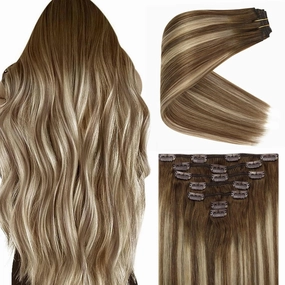 Ve Sunny Human Hair Clip in Extensions Natural Look Clip in Hair Extensions Balayage Real Human Hair Extensions Clip ins Chestnut Brown with Blonde Balayage Long Straight hair 120g 7pcs 22inch