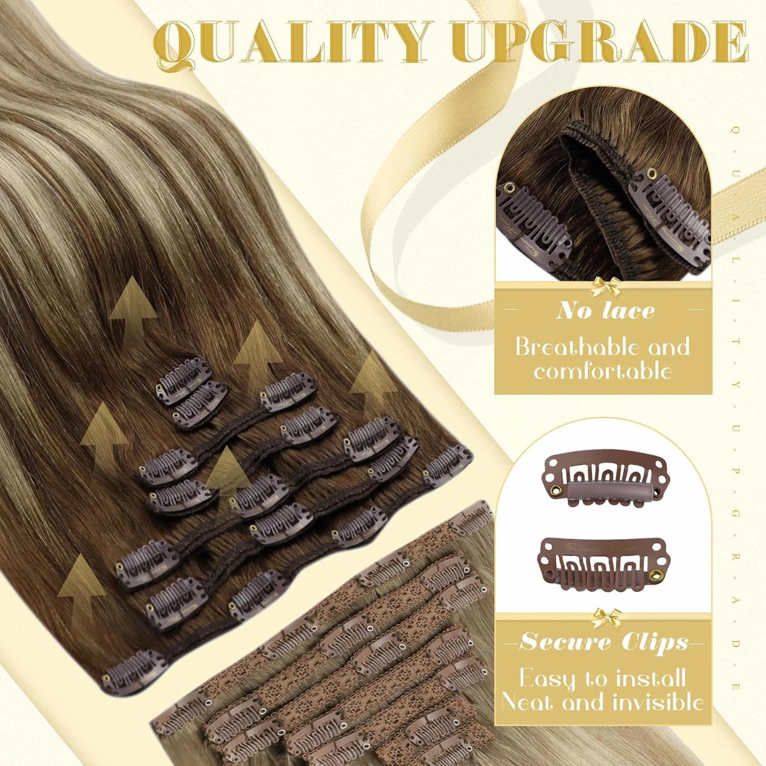 Ve Sunny Human Hair Clip in Extensions Natural Look Clip in Hair Extensions Balayage Real Human Hair Extensions Clip ins Chestnut Brown with Blonde Balayage Long Straight hair 120g 7pcs 22inch