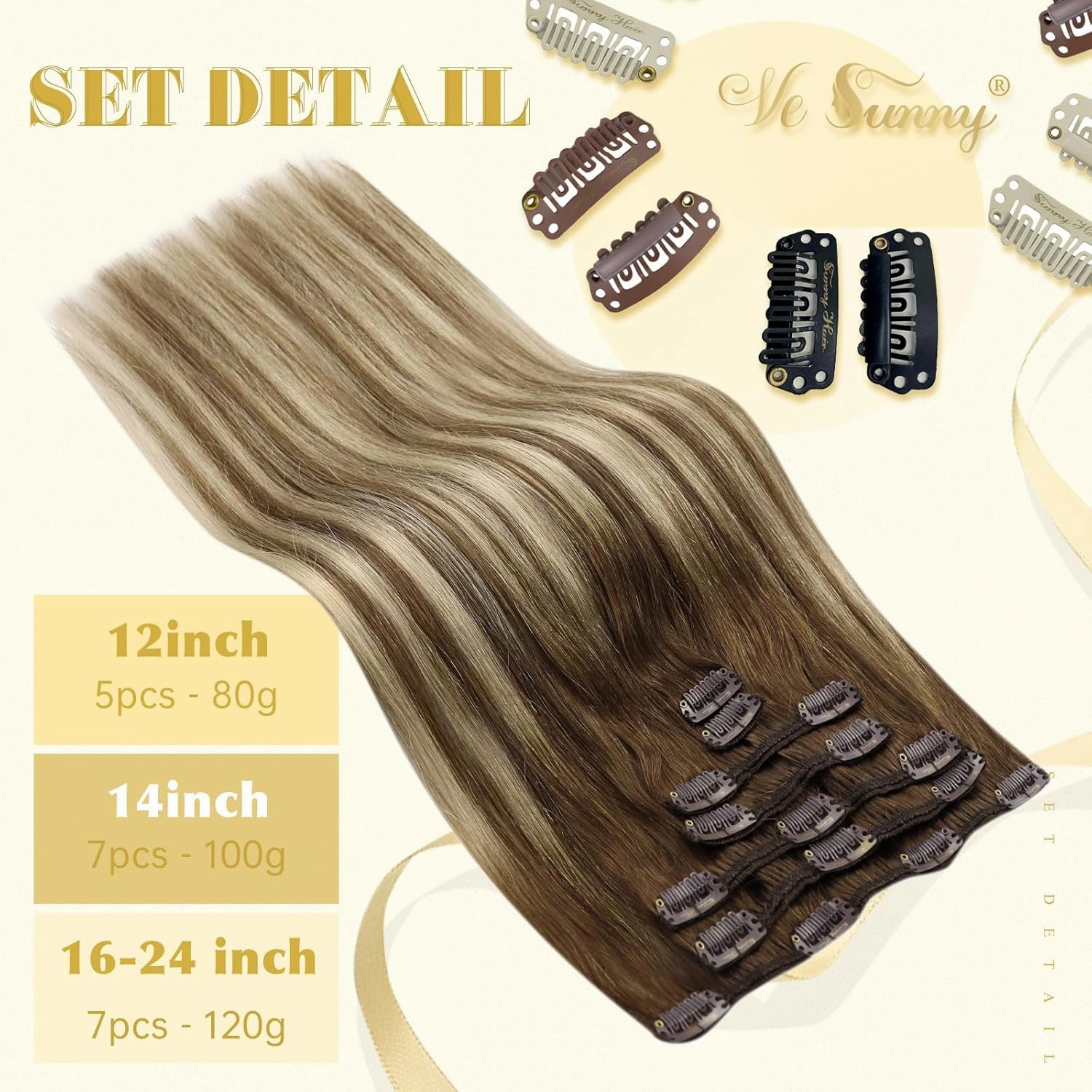 Ve Sunny Human Hair Clip in Extensions Natural Look Clip in Hair Extensions Balayage Real Human Hair Extensions Clip ins Chestnut Brown with Blonde Balayage Long Straight hair 120g 7pcs 22inch