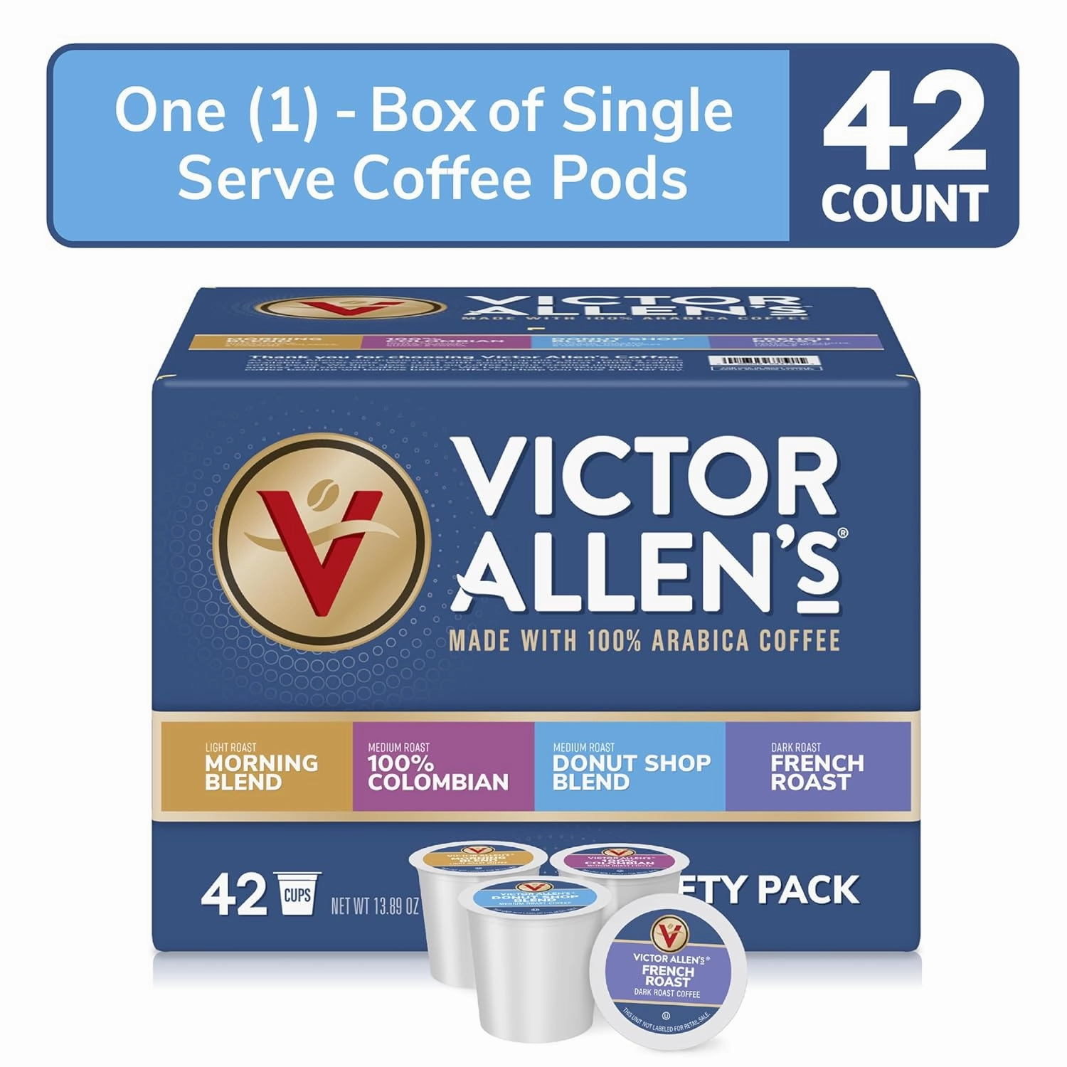 Victor Allen's Coffee Variety Pack (Morning Blend, 100% Colombian, Donut Shop Blend, French Roast), 42 Count, Single Serve Coffee Pods for Keurig K-Cup Brewers