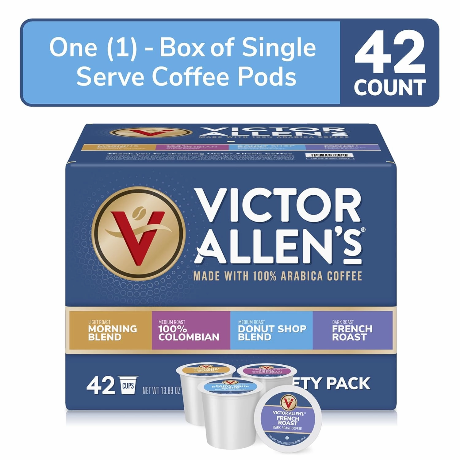 Victor Allen's Coffee Variety Pack (Morning Blend 10, 100% Colombian 10, Donut Shop Blend 12, French Roast 10), 42 Count, Single Serve Coffee Pods for Keurig K-Cup Brewers