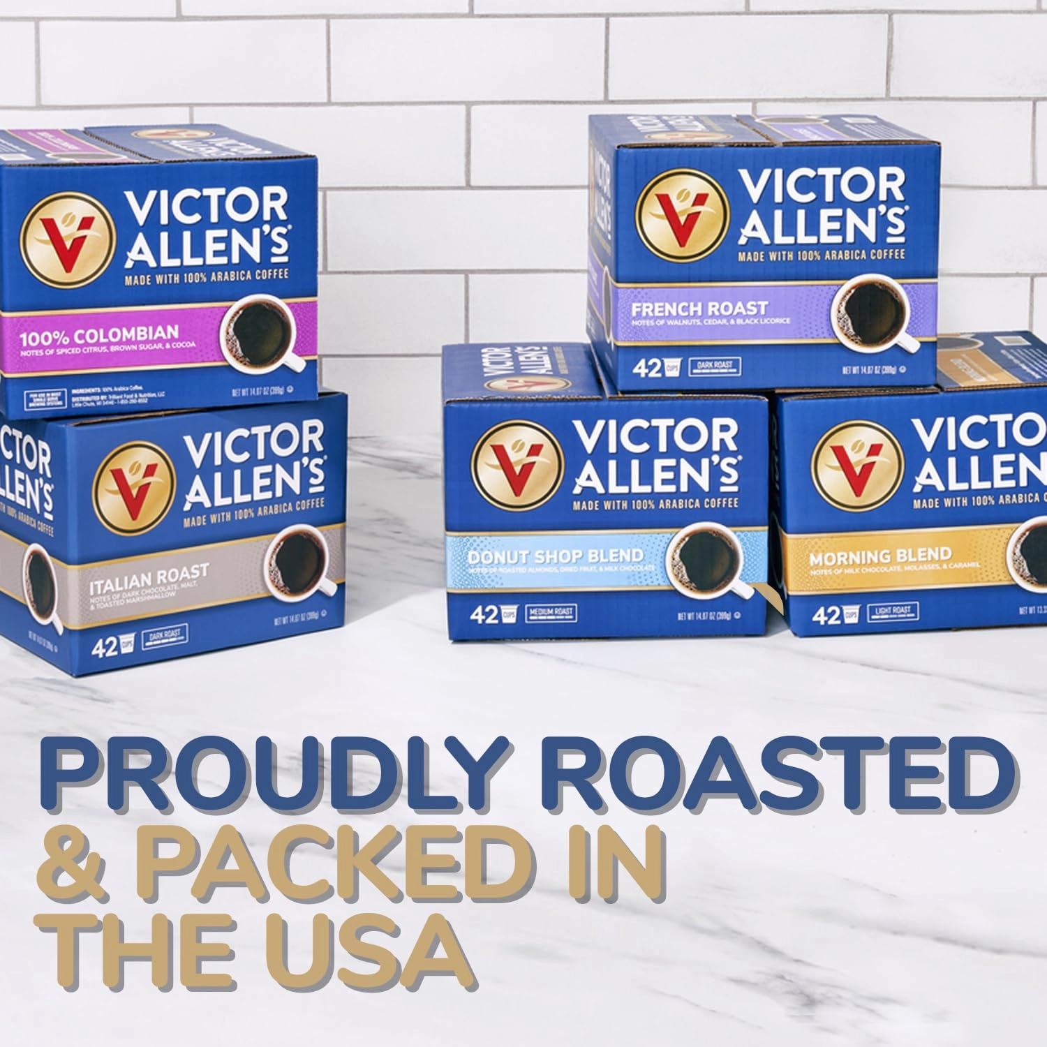 Victor Allen's Coffee Variety Pack (Morning Blend 10, 100% Colombian 10, Donut Shop Blend 12, French Roast 10), 42 Count, Single Serve Coffee Pods for Keurig K-Cup Brewers