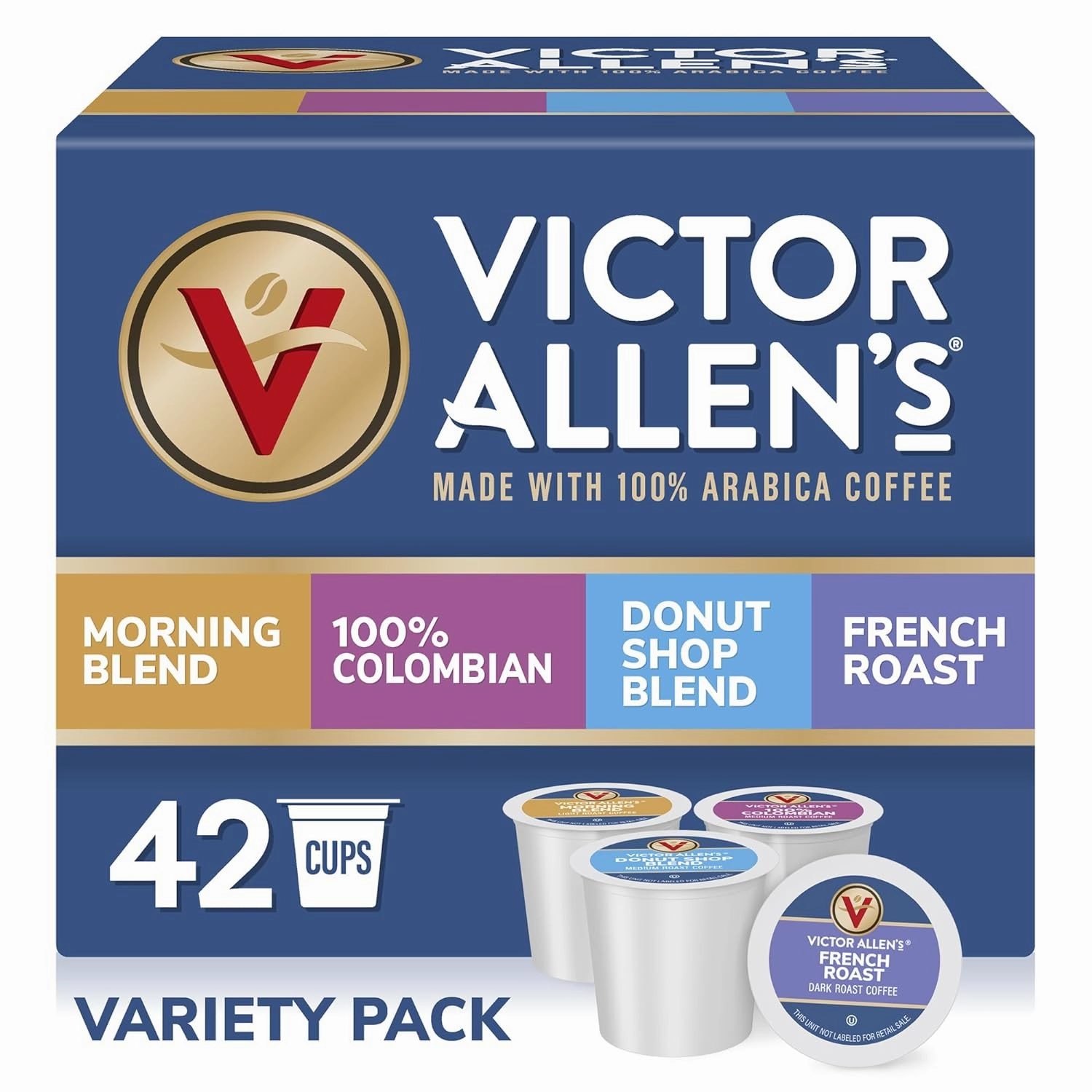 Victor Allen's Coffee Variety Pack (Morning Blend 10, 100% Colombian 10, Donut Shop Blend 12, French Roast 10), 42 Count, Single Serve Coffee Pods for Keurig K-Cup Brewers