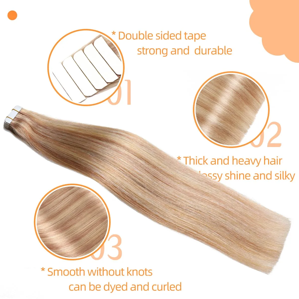 VINBAO Tape in Extensions Human Hair Invisible Seamless Skin Weft Double Sided Balayage Mixed Bleach Blonde Hair Extensions 14in 50g 20pcs Highlights Natural Straight (14inch, #18P613)