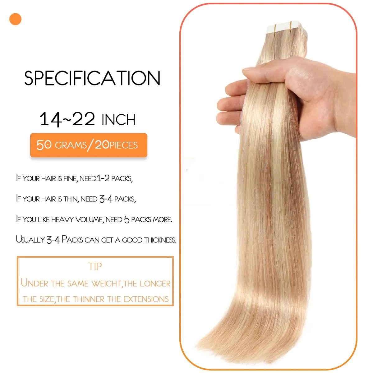VINBAO Tape in Extensions Human Hair Invisible Seamless Skin Weft Double Sided Balayage Mixed Bleach Blonde Hair Extensions 14in 50g 20pcs Highlights Natural Straight (14inch, #18P613)
