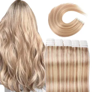 VINBAO Tape in Extensions Human Hair Invisible Seamless Skin Weft Double Sided Balayage Mixed Bleach Blonde Hair Extensions 14in 50g 20pcs Highlights Natural Straight (14inch, #18P613)