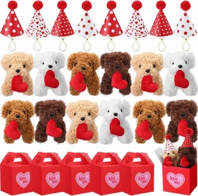 Vinsot 16 Pcs Stuffed Animals Adopt a Dog Set Includes 16 Kraft Paper Boxes 16 Cute Cone Hats Min Puppy Dog for Stuffed Animal Theme Birthday Party Favors(Heart)
