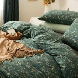 Vintage Green Floral Duvet Cover Twin XL Jersey Knit Cotton Chic Floral Bedding Set Garden Style Flower Botanical Duvet Cover Cottagecore Pillowcases
