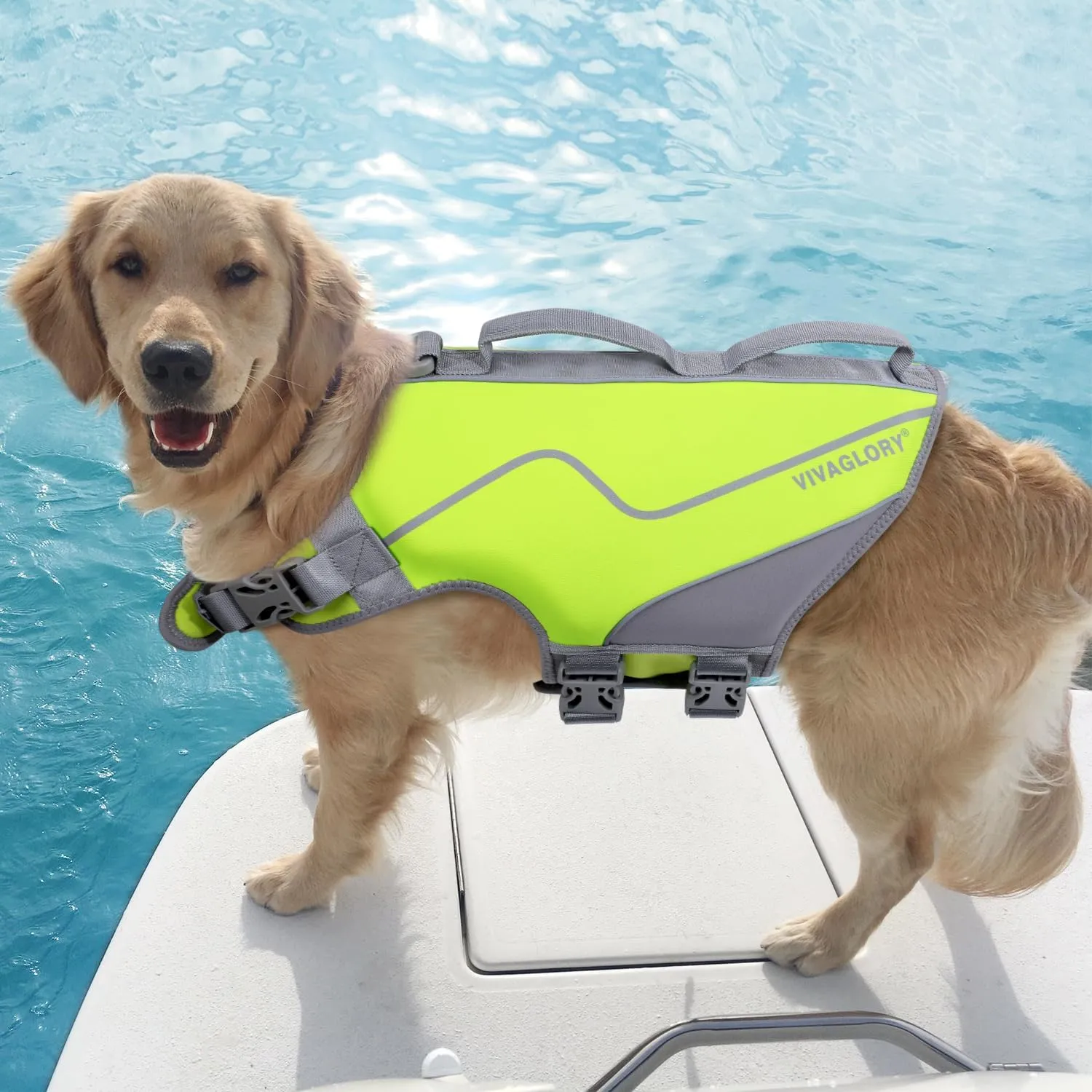 VIVAGLORY Neoprene Dog Life Jacket Dog Life Vest for Boating Hunting & Swimming, Lightweight with Leash Ring, L, Bright Yellow