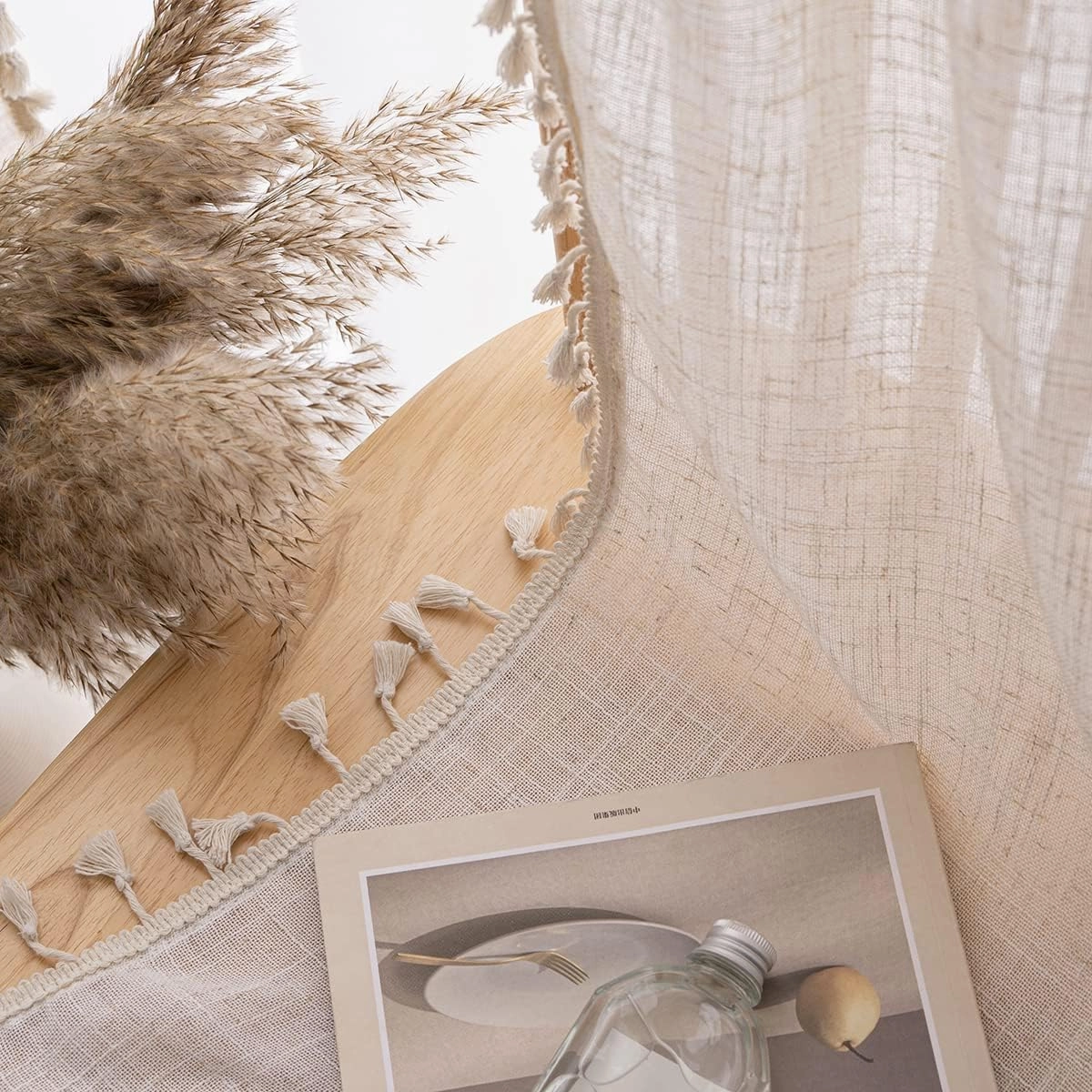 VOILYBIRD Natural Linen Blended Farmhouse Curtains 63 Inches Long Boho Curtains & Drapes Country Style for Bedroom, W40 x L63, Natural, 2 Panels Set