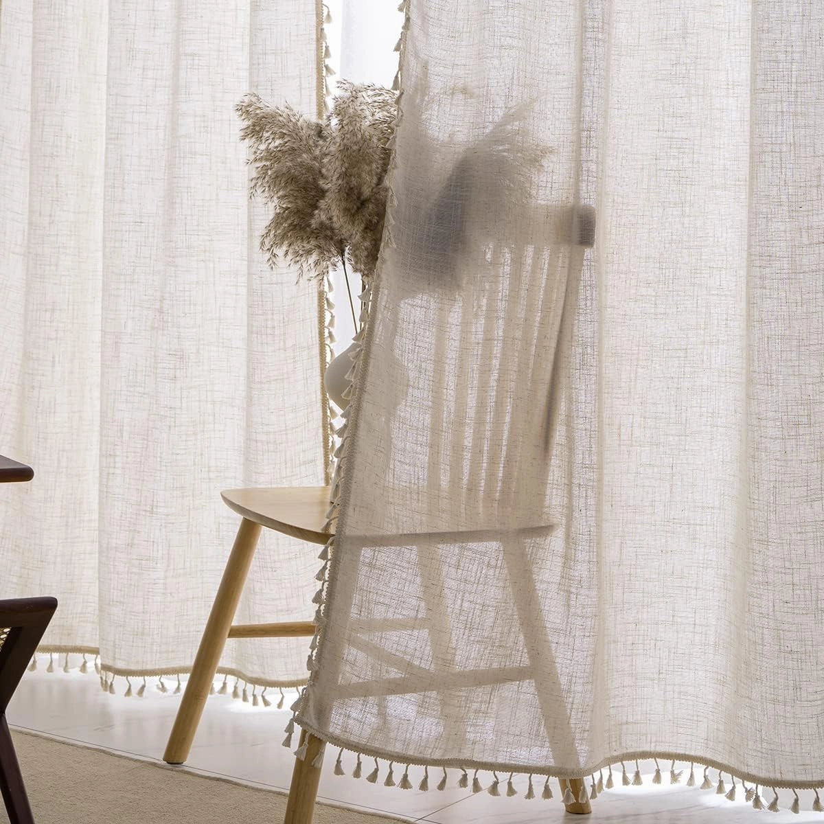 VOILYBIRD Natural Linen Blended Farmhouse Curtains 63 Inches Long Boho Curtains & Drapes Country Style for Bedroom, W40 x L63, Natural, 2 Panels Set