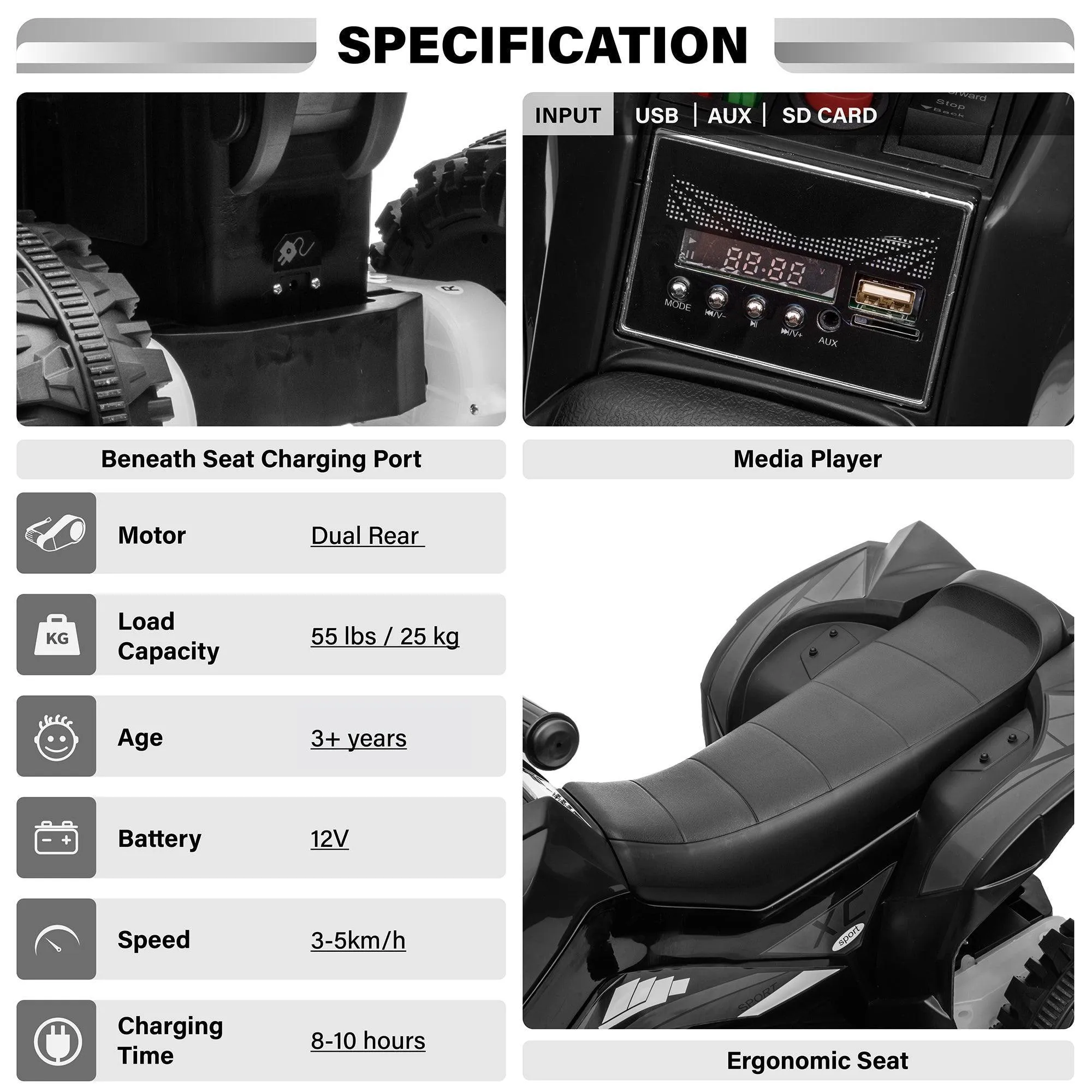 Voltz Toys 12V ATV Off-Road Ride On Car Toy for Kids with Realistic Lights and MP3 Player