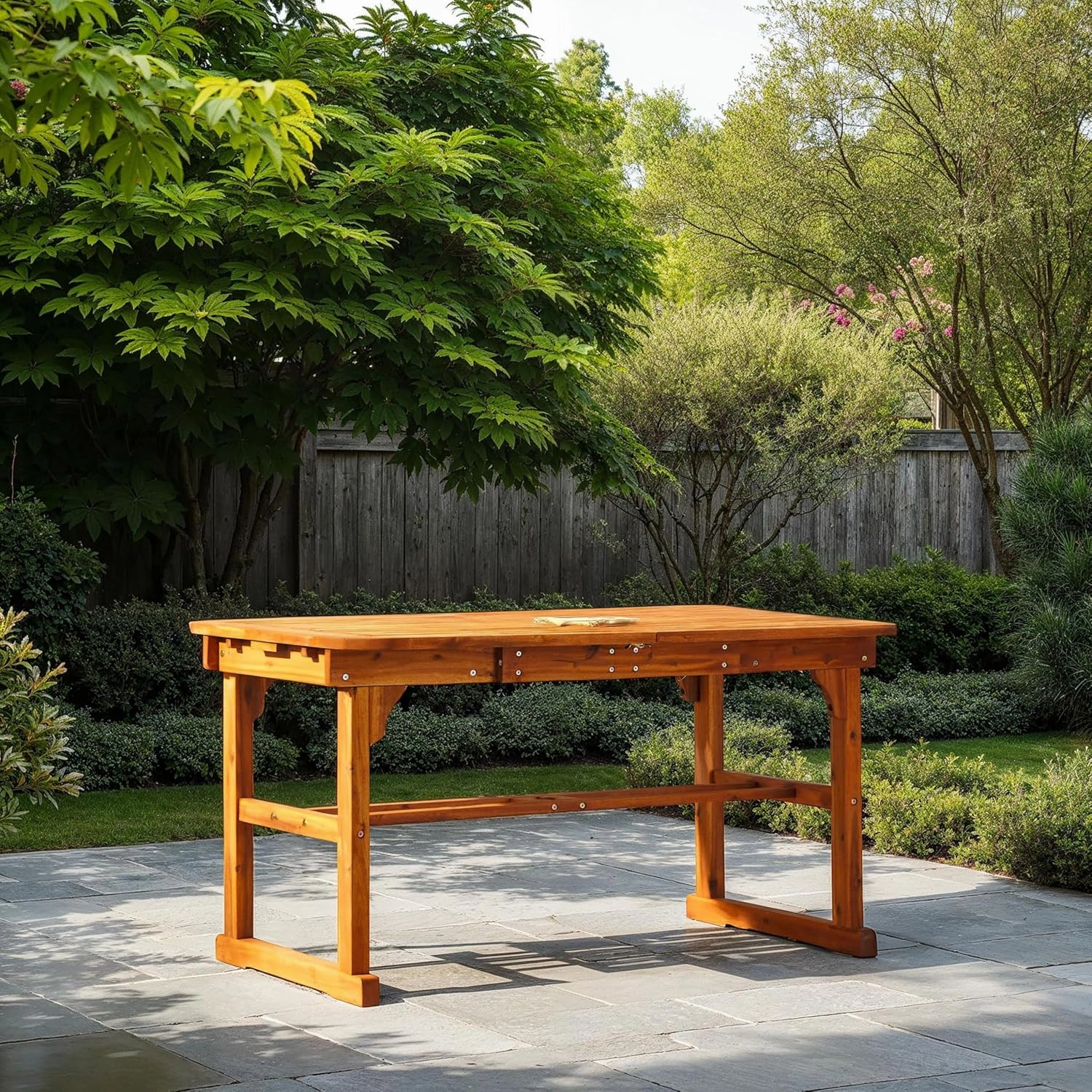 Walker Edison Maui Modern Solid Acacia Wood Slatted Patio Dining Table, 78 Inch, Brown