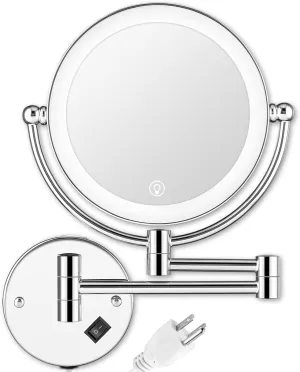 Wall Mounted Lighted Makeup Mirror with Magnification, 8-inch 1X/10X Wall Mount Magnifying Mirror for Bathroom, Touch Dimmable, 360 Degree Swivel, 2-Sided, Extendable Arm