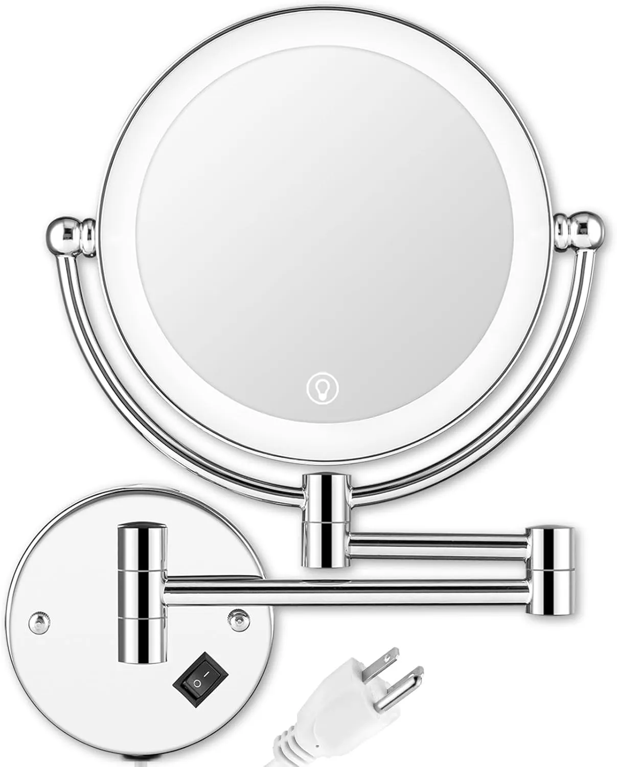 Wall Mounted Lighted Makeup Mirror with Magnification, 8-inch 1X/10X Wall Mount Magnifying Mirror for Bathroom, Touch Dimmable, 360 Degree Swivel, 2-Sided, Extendable Arm