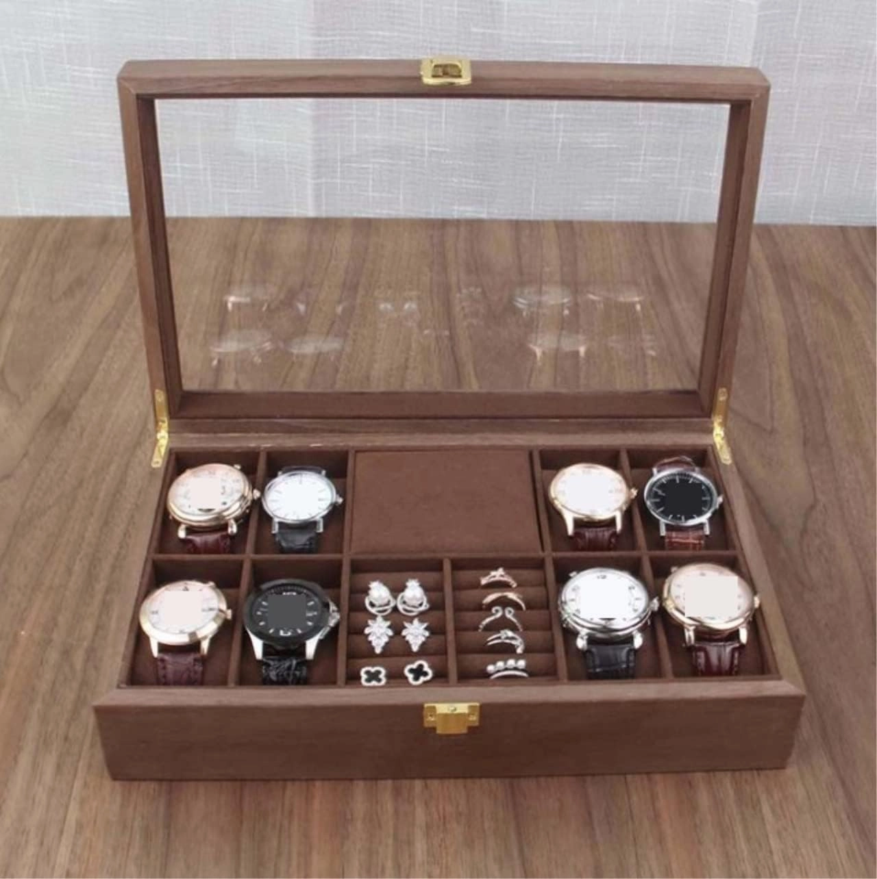 Watch Box Watch Case Watch Display Wood Watch Jewellery Storage Box With Clear Top Lockable Ring Earrings Jewelry Display Case Organizer Watch Organizer For Men(Walnut)