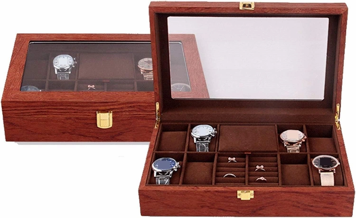Watch Box Watch Case Wood Watch Jewellery Storage Box With Clear Top Lockable Ring Earrings Jewelry Display Case Organizer Watch Organiser Men(Rosewood)