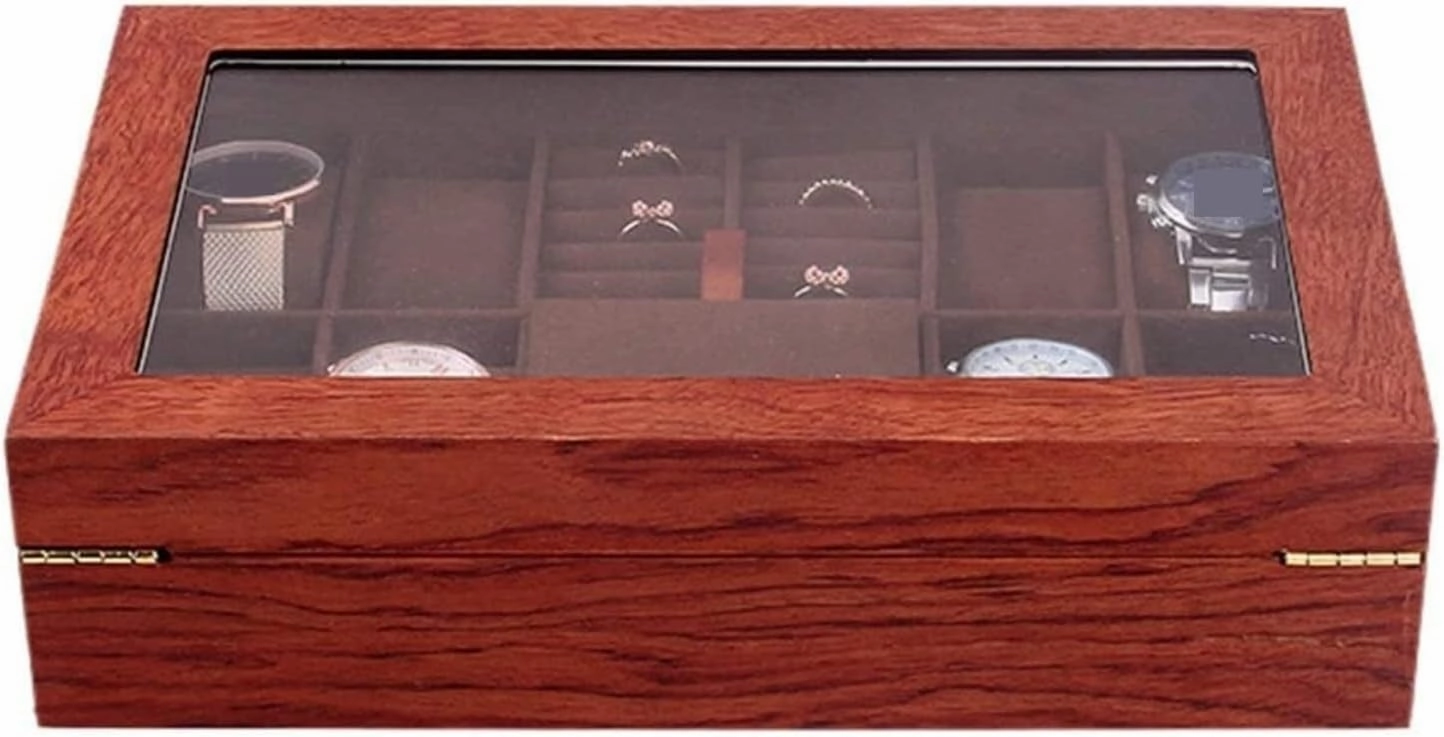 Watch Box Watch Case Wood Watch Jewellery Storage Box With Clear Top Lockable Ring Earrings Jewelry Display Case Organizer Watch Organiser Men(Rosewood)
