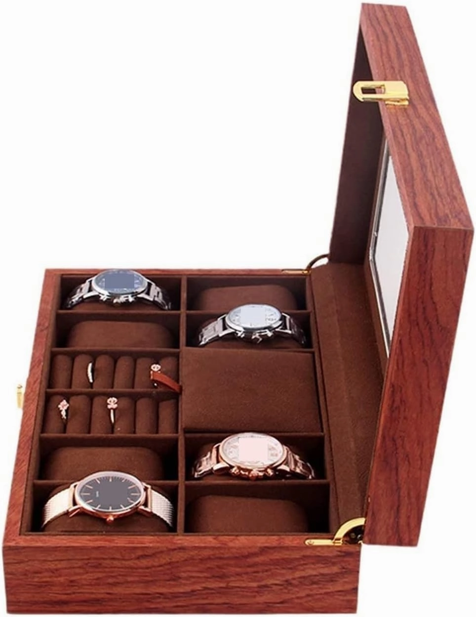Watch Box Watch Case Wood Watch Jewellery Storage Box With Clear Top Lockable Ring Earrings Jewelry Display Case Organizer Watch Organiser Men(Rosewood)