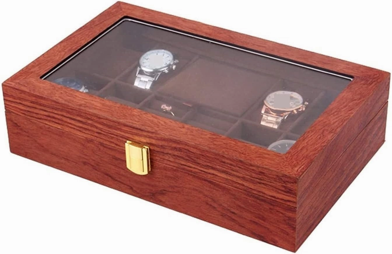 Watch Box Watch Case Wood Watch Jewellery Storage Box With Clear Top Lockable Ring Earrings Jewelry Display Case Organizer Watch Organiser Men(Rosewood)