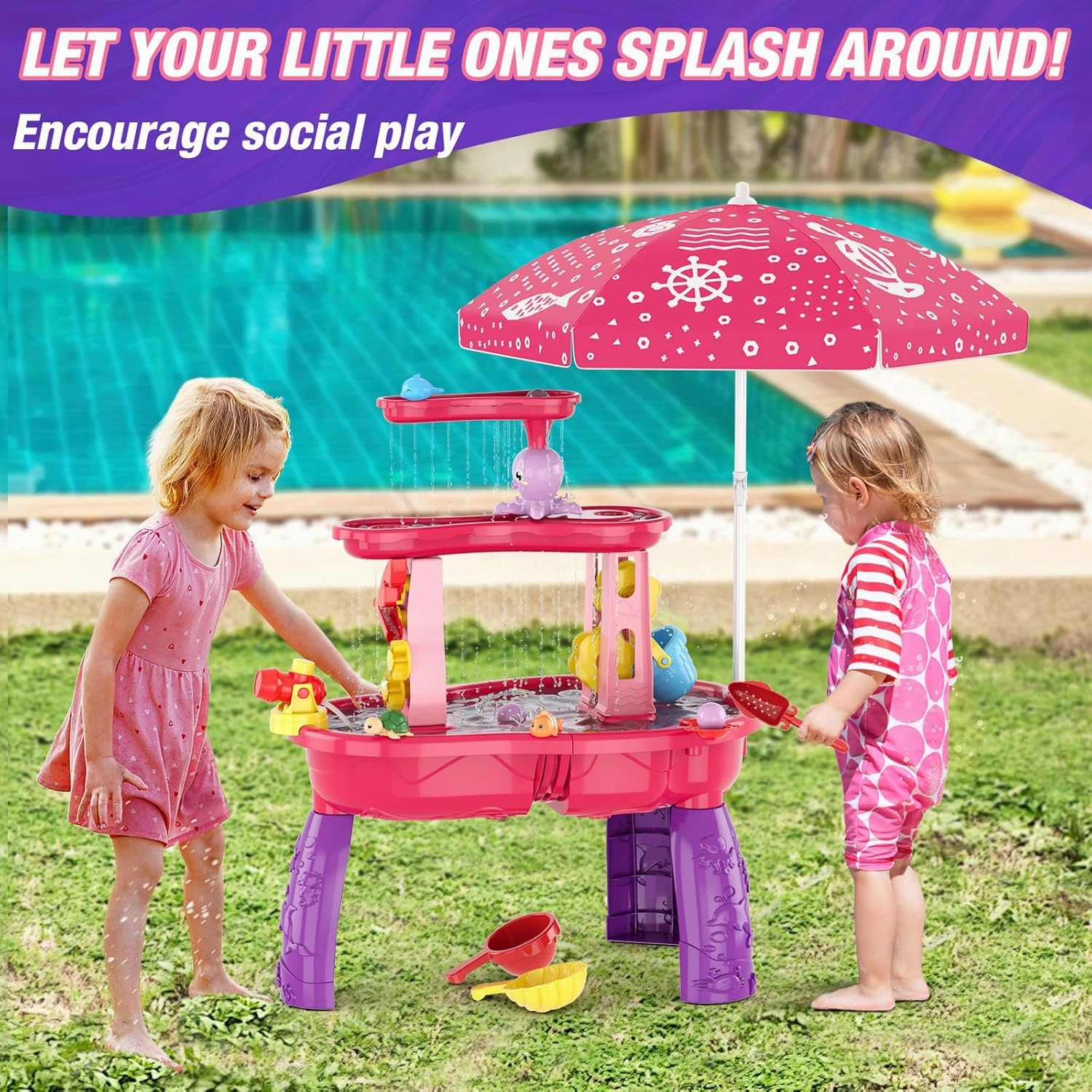 Water Table for Toddlers 3-5, 3-Tier Kids Splash Sand Table Water Toys with Umbrella, Rain Showers Splash Pond for Outdoor Beach Backyard Summer, Activity Sensory Playset for Boys Girls, Pink