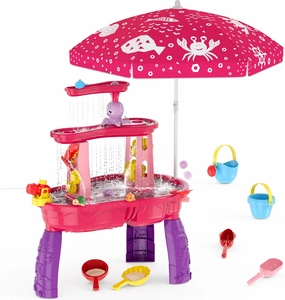 Water Table for Toddlers 3-5, 3-Tier Kids Splash Sand Table Water Toys with Umbrella, Rain Showers Splash Pond for Outdoor Beach Backyard Summer, Activity Sensory Playset for Boys Girls, Pink