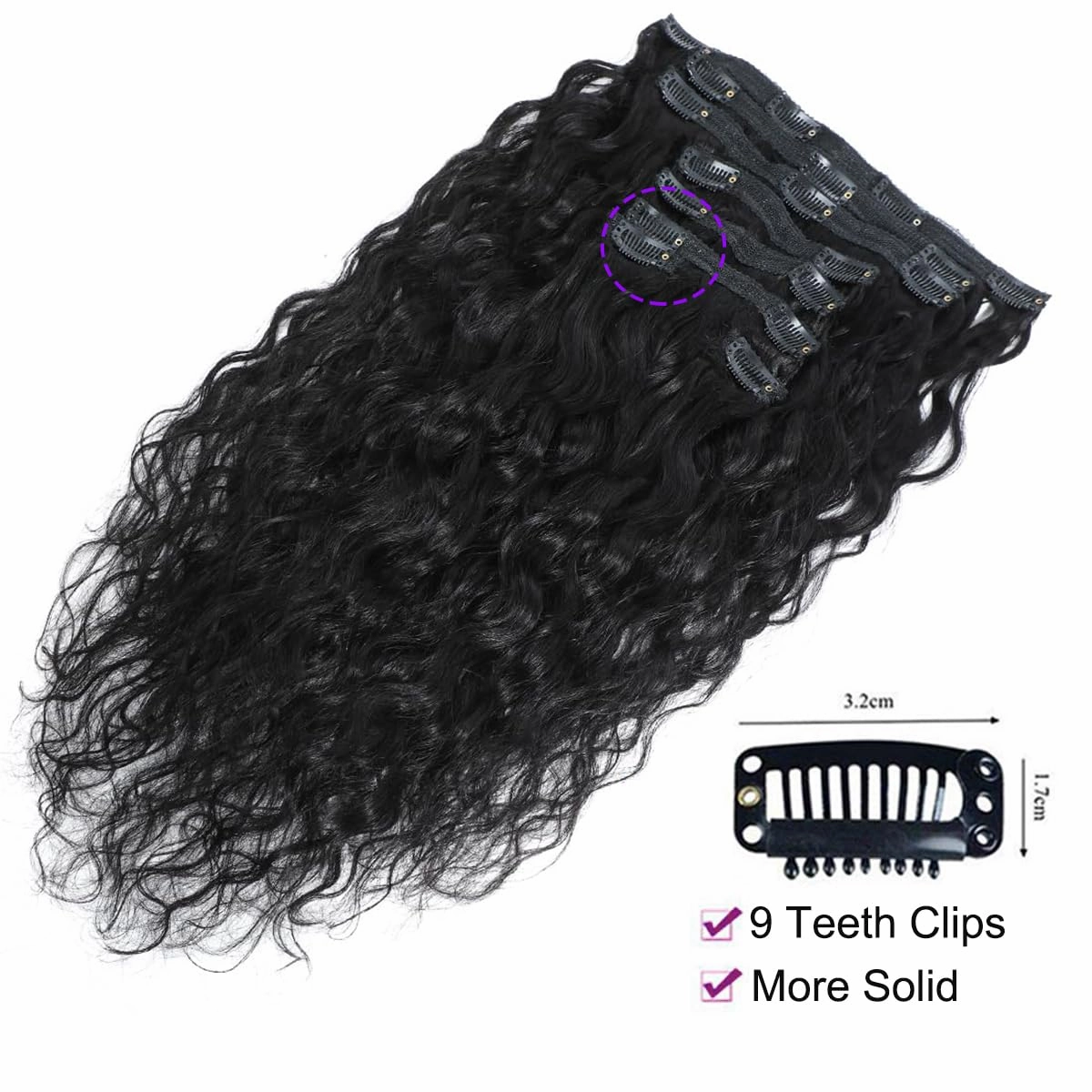 Water Wave Clip in Hair Extensions Human Curly Hair Natural Black 1B Double Weft for Black Women, Wave, 14 Inch 120 Gram