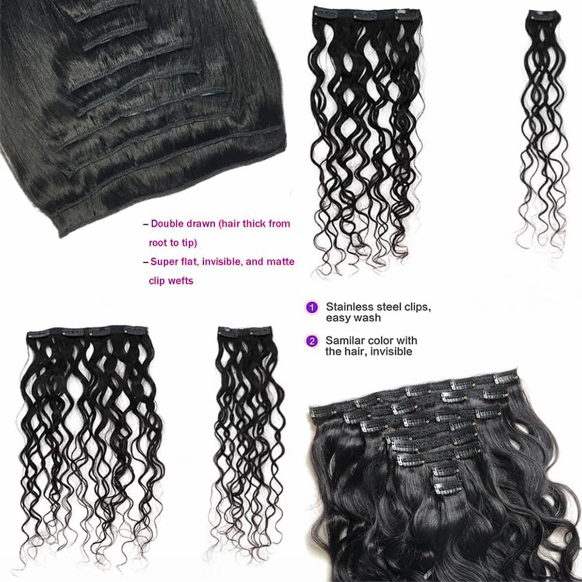 Water Wave Clip in Hair Extensions Human Curly Hair Natural Black 1B Double Weft for Black Women, Wave, 14 Inch 120 Gram