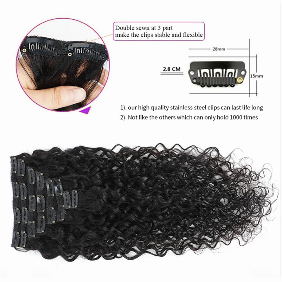 Water Wave Clip in Hair Extensions Human Curly Hair Natural Black 1B Double Weft for Black Women, Wave, 14 Inch 120 Gram
