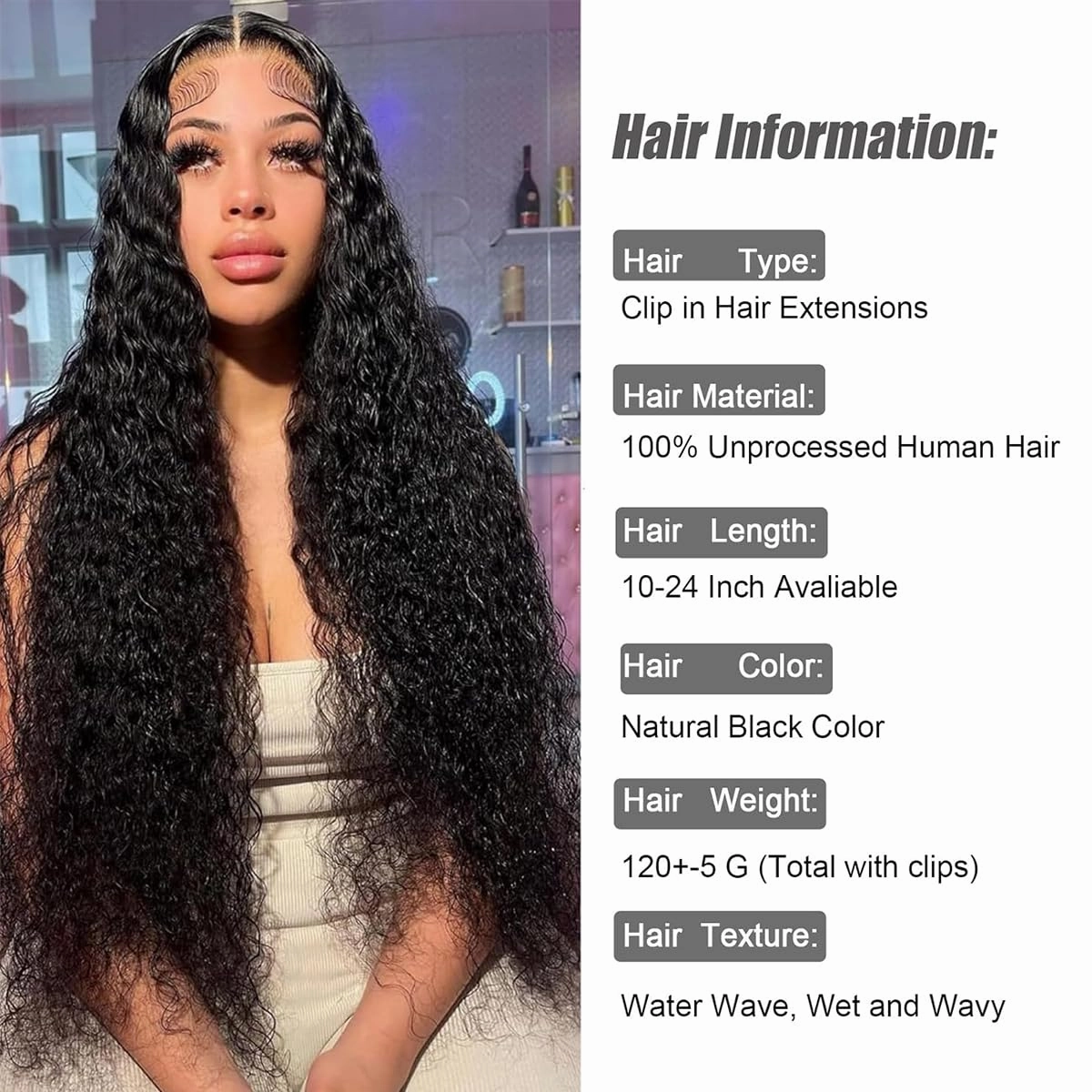 Water Wave Clip in Hair Extensions Human Curly Hair Natural Black 1B Double Weft for Black Women, Wave, 14 Inch 120 Gram