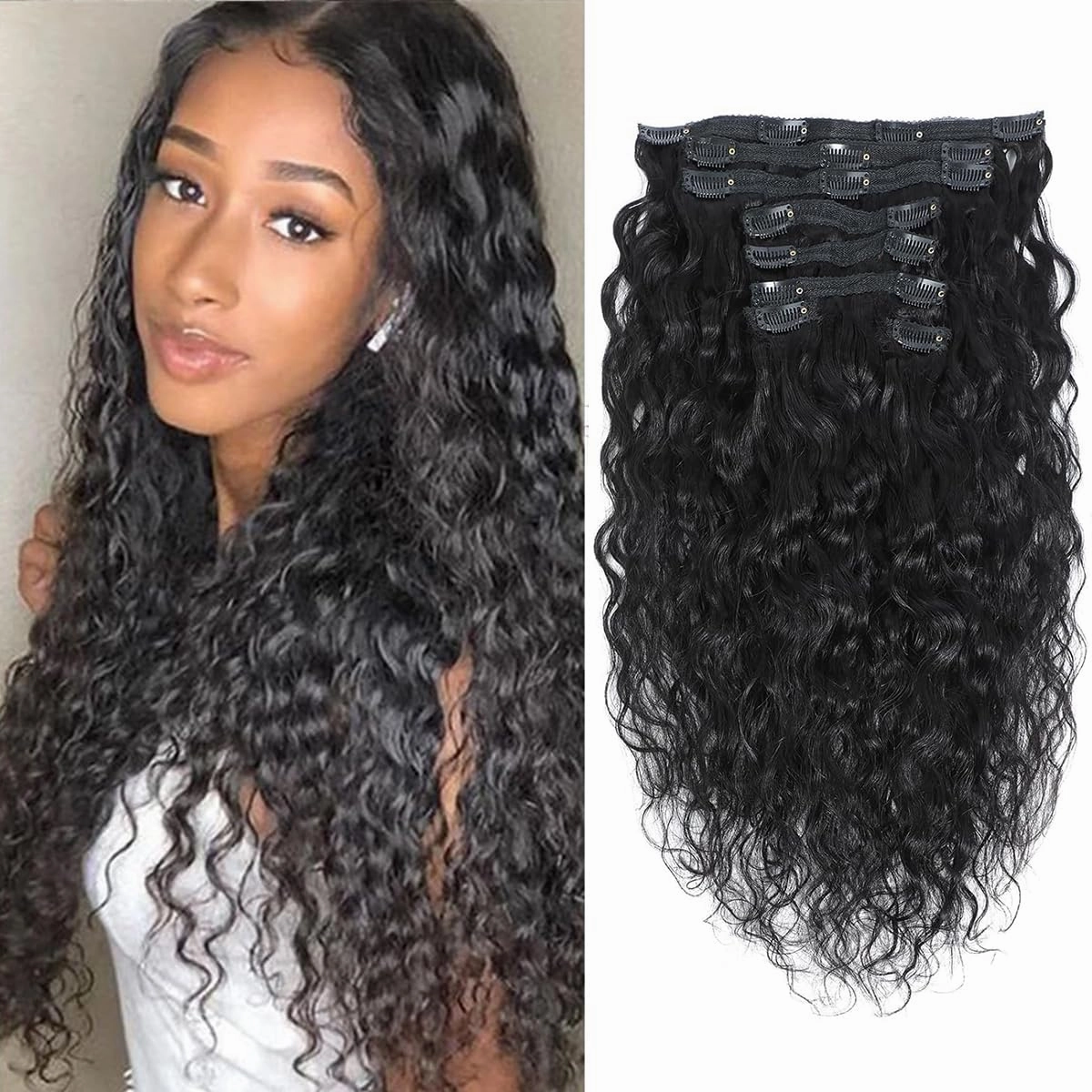 Water Wave Clip in Hair Extensions Human Curly Hair Natural Black 1B Double Weft for Black Women, Wave, 14 Inch 120 Gram