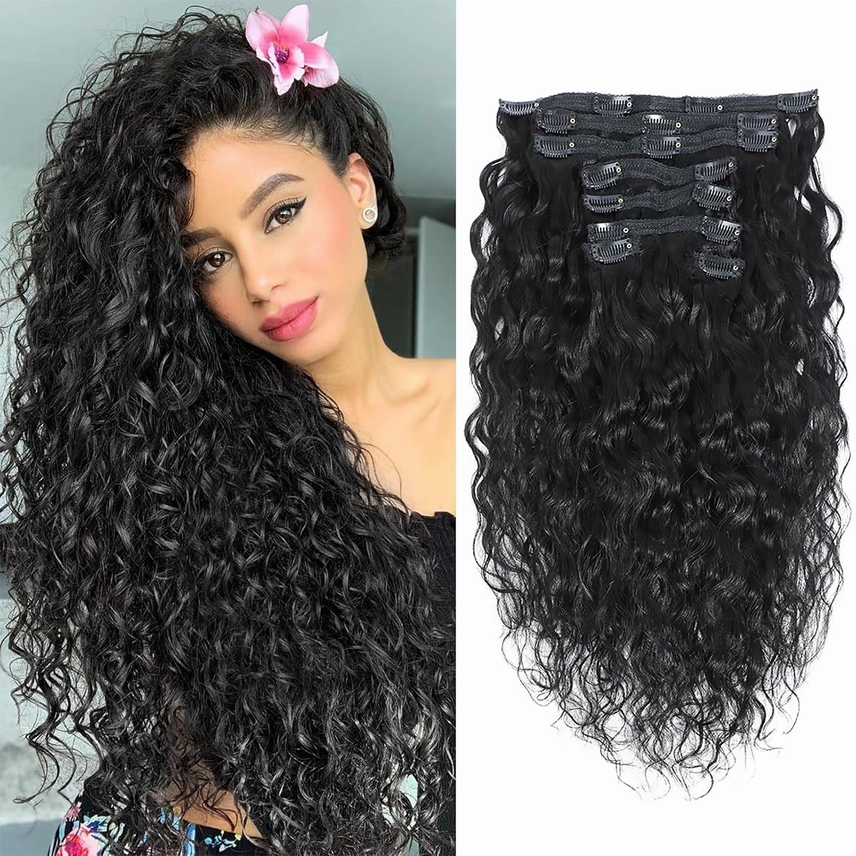 Water Wave Clip in Hair Extensions Human Curly Hair Natural Black 1B Double Weft for Black Women, Wave, 14 Inch 120 Gram