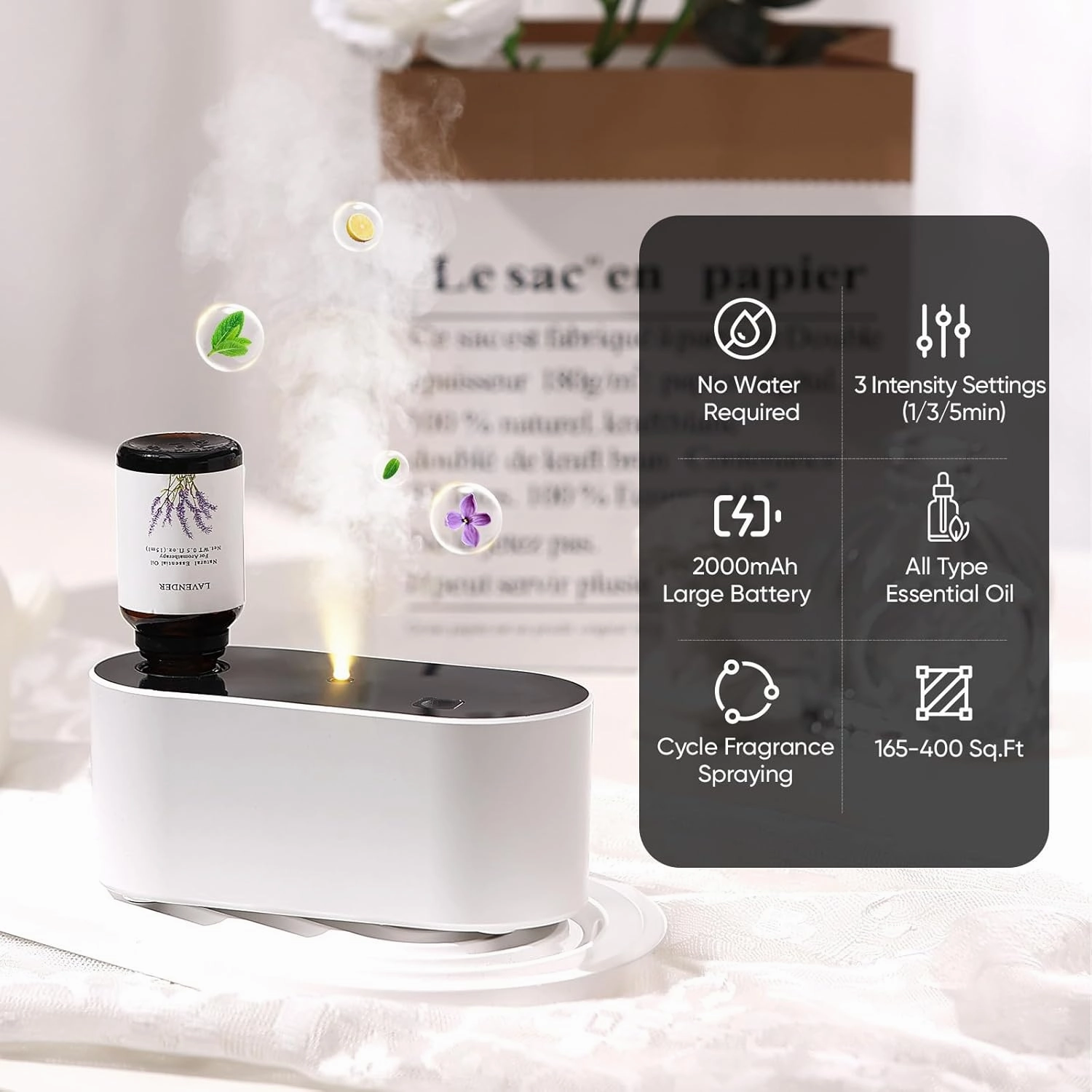 Waterless Diffuser for Essential Oil, Battery Operated Scent Air Aromatherapy Diffuser, Mini Portable Aroma Diffusers with 3 Mist Modes, Cycle Start, for 160 sq.ft Room Home Office Bedroom