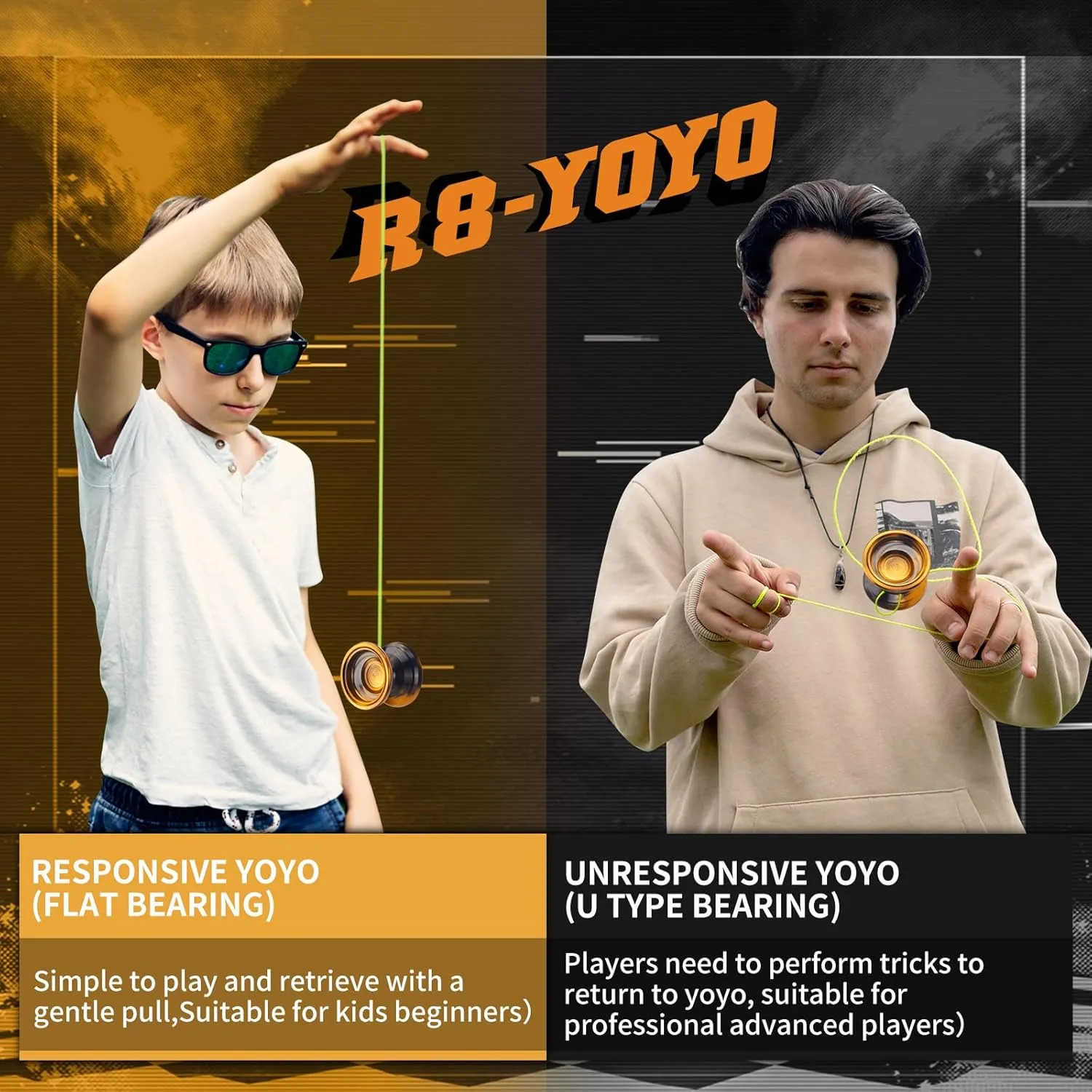 WATIEOBOO R8 Responsive Yoyo for Kids 8-12, Professional Unresponsive Metal Trick Yoyo for Adults with Yo Yo Bearing Kit, 10 Strings, Case & Gloves (Black Gold)