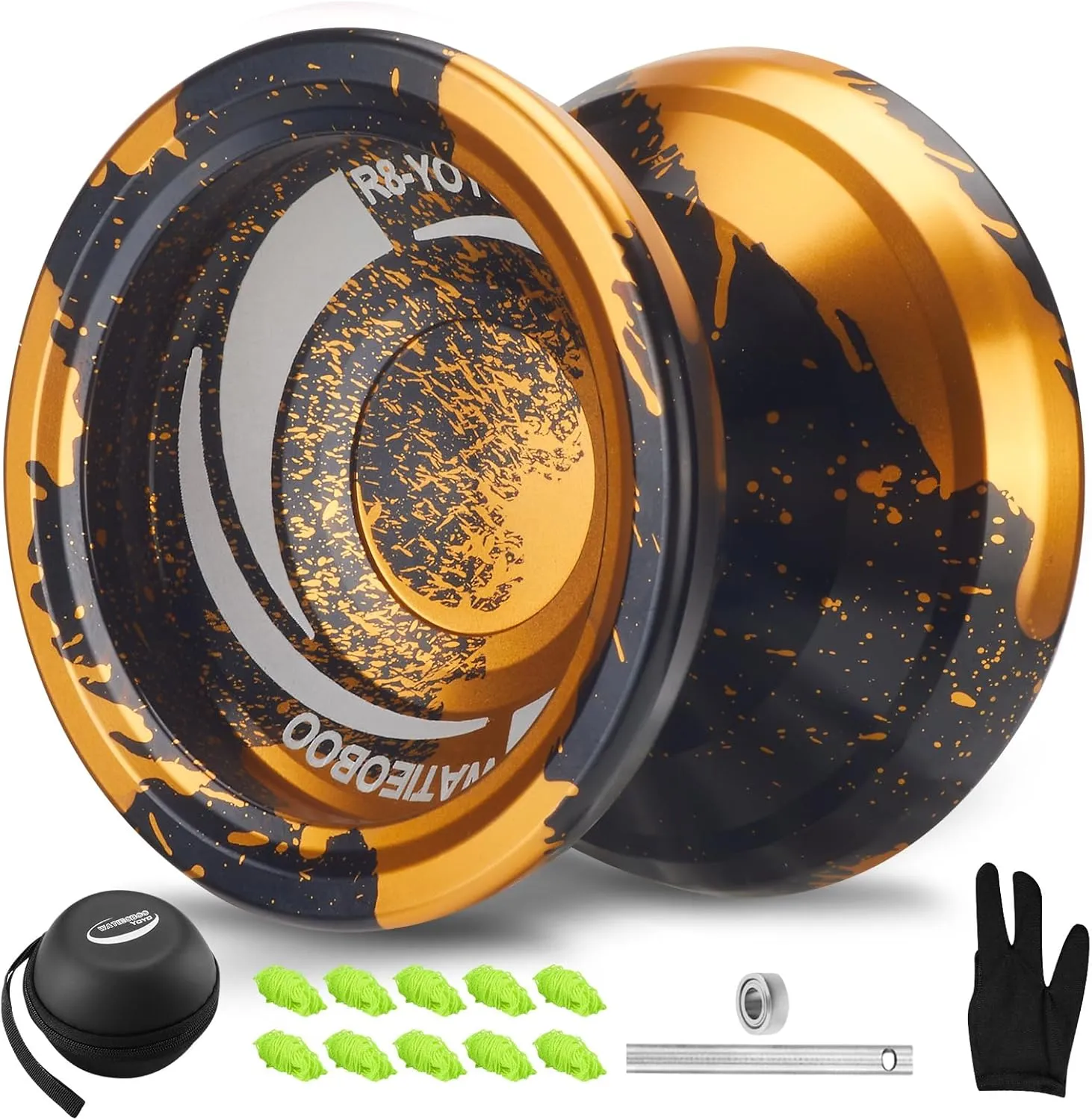 WATIEOBOO R8 Responsive Yoyo for Kids 8-12, Professional Unresponsive Metal Trick Yoyo for Adults with Yo Yo Bearing Kit, 10 Strings, Case & Gloves (Black Gold)