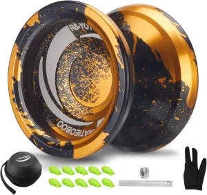 WATIEOBOO R8 Responsive Yoyo for Kids 8-12, Professional Unresponsive Metal Trick Yoyo for Adults with Yo Yo Bearing Kit, 10 Strings, Case & Gloves (Black Gold)