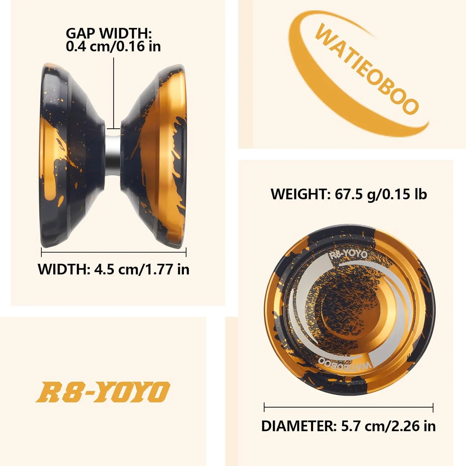 WATIEOBOO R8 Responsive Yoyo for Kids 8-12, Professional Unresponsive Metal Trick Yoyo for Adults with Yo Yo Bearing Kit, 10 Strings, Case & Gloves (Black Gold)