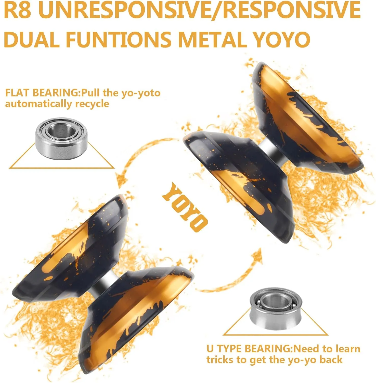 WATIEOBOO R8 Responsive Yoyo for Kids 8-12, Professional Unresponsive Metal Trick Yoyo for Adults with Yo Yo Bearing Kit, 10 Strings, Case & Gloves (Black Gold)