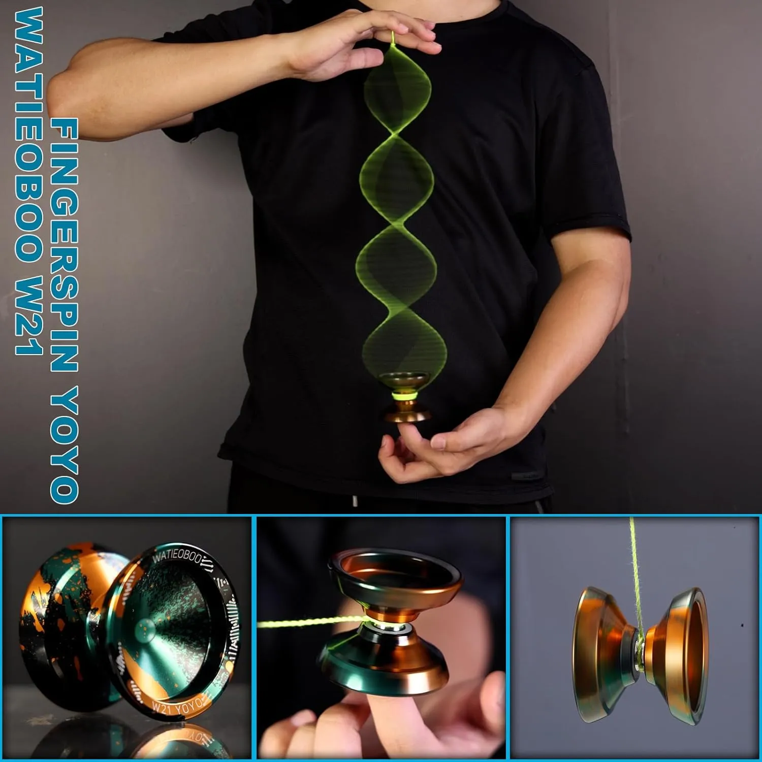 WATIEOBOO Yoyo R8 Responsive Yoyo for Kids 8-12,,Professional Unresponsive Yoyo for Adults Pro Metal Trick Yoyo with Yo Yo Bearing Kit 10 Strings, Case & Gloves (W21-Black Green Yellow)