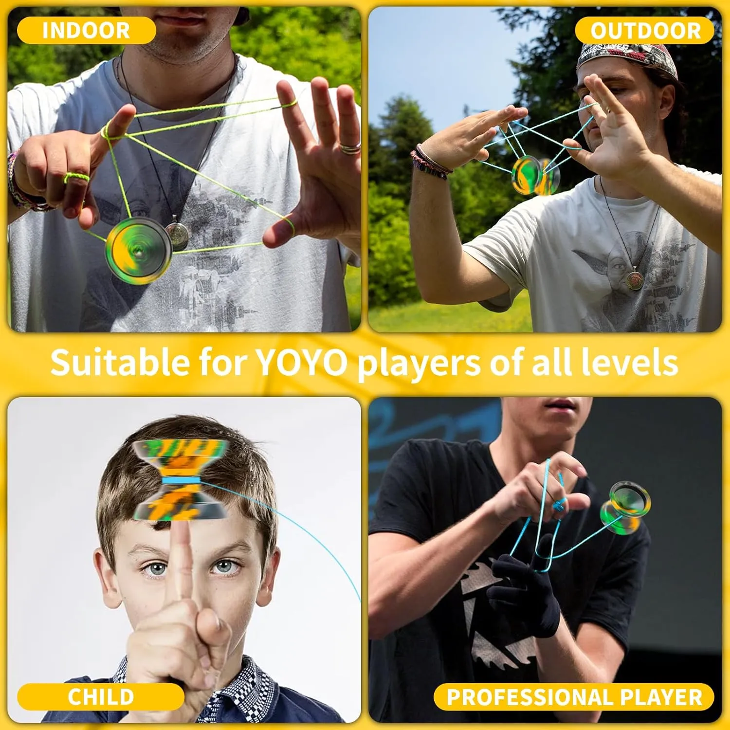 WATIEOBOO Yoyo R8 Responsive Yoyo for Kids 8-12,,Professional Unresponsive Yoyo for Adults Pro Metal Trick Yoyo with Yo Yo Bearing Kit 10 Strings, Case & Gloves (W21-Black Green Yellow)
